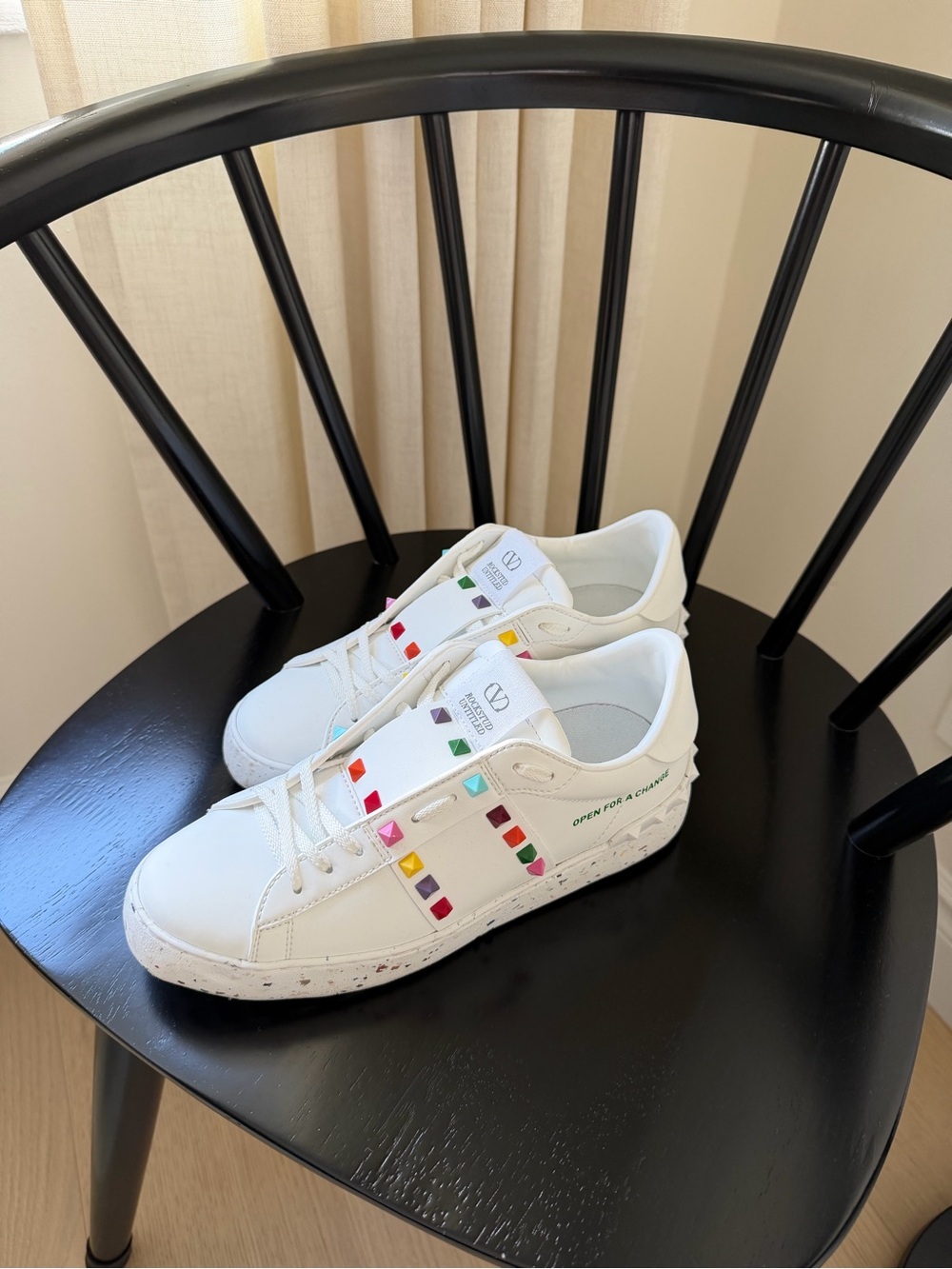 Valentino Garavani White Leather Sneakers with Multicolor Pyramid Studs